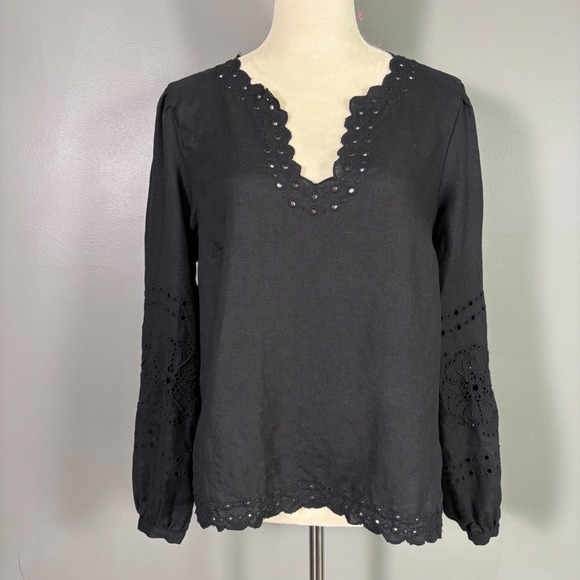 J Crew Bungalow Embroidered Top S Linen Dark Cottagecore Boho Effortlesss Flowy - Picture 2 of 10